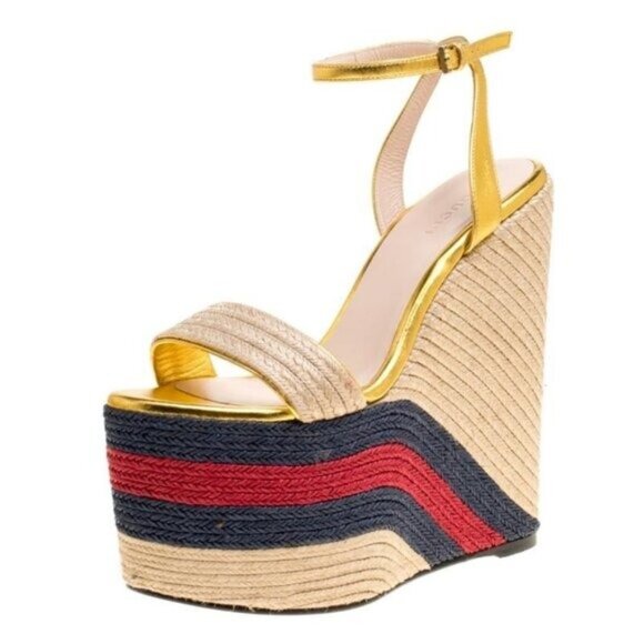 Gucci Gold Metallic Leather Jute Platform Espadrille Sandals - Picture 1 of 5
